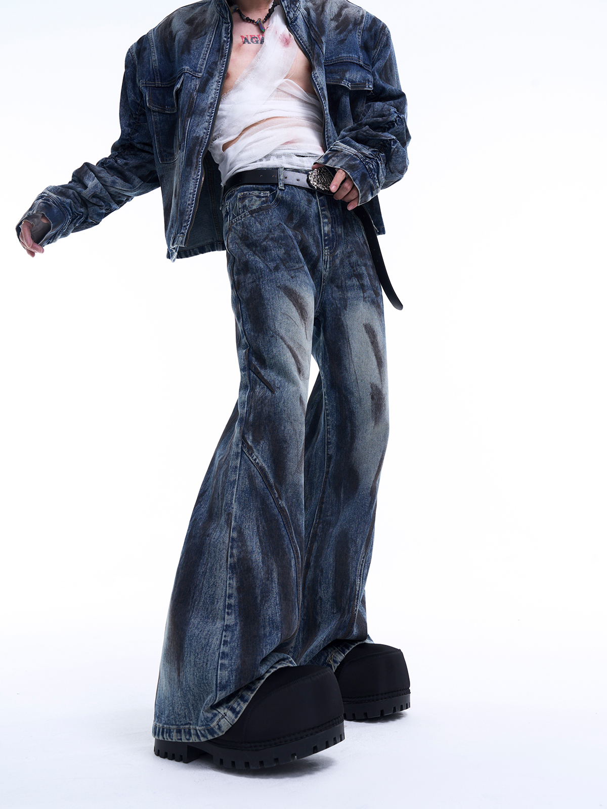 MUD WASH RUCHED DENIM JACKET & FLARED JEANS SET-START EXCEED END
