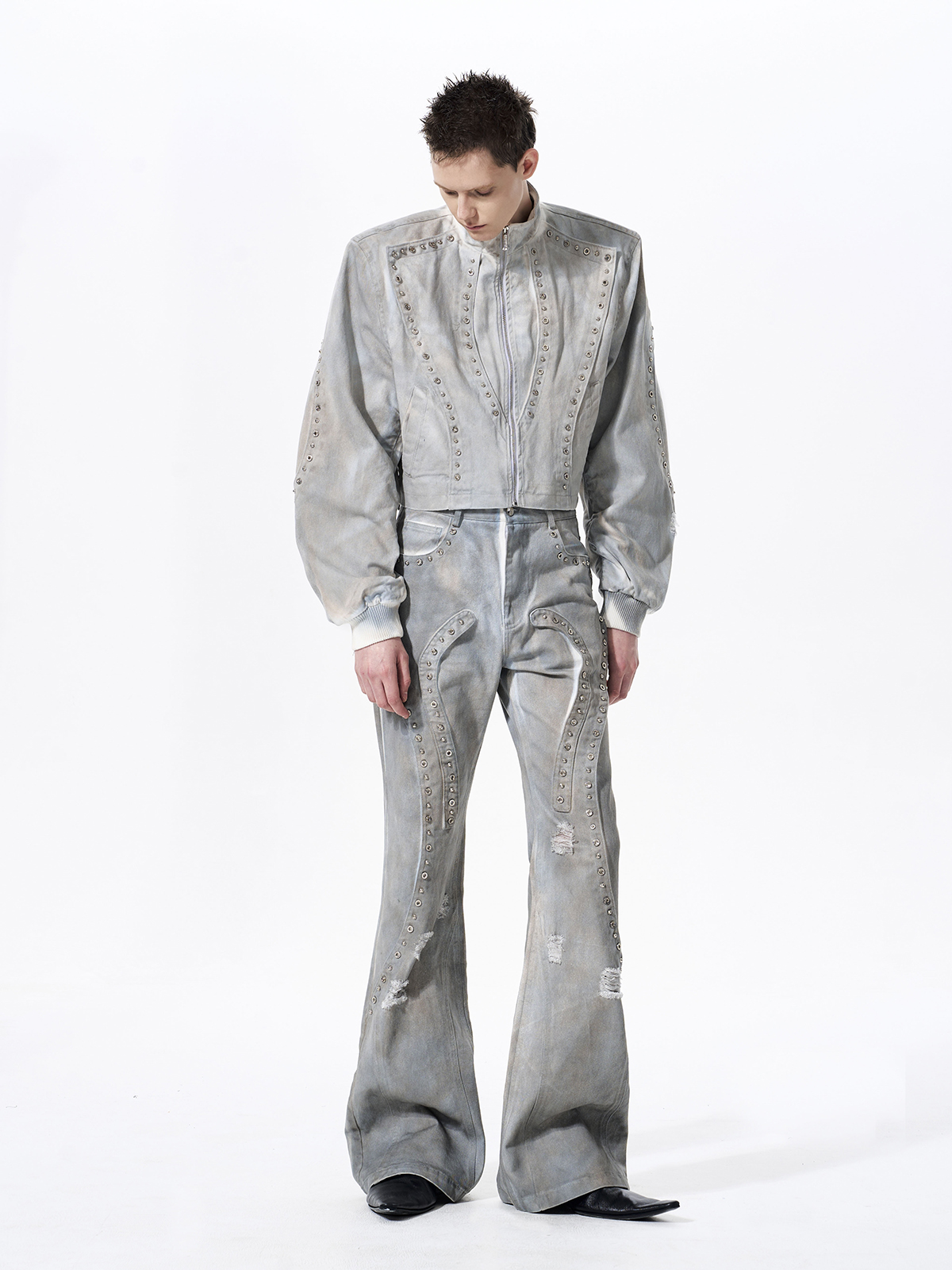 DECONSTRUCTED TIE-DYE WASHED STUDDED DENIM SET