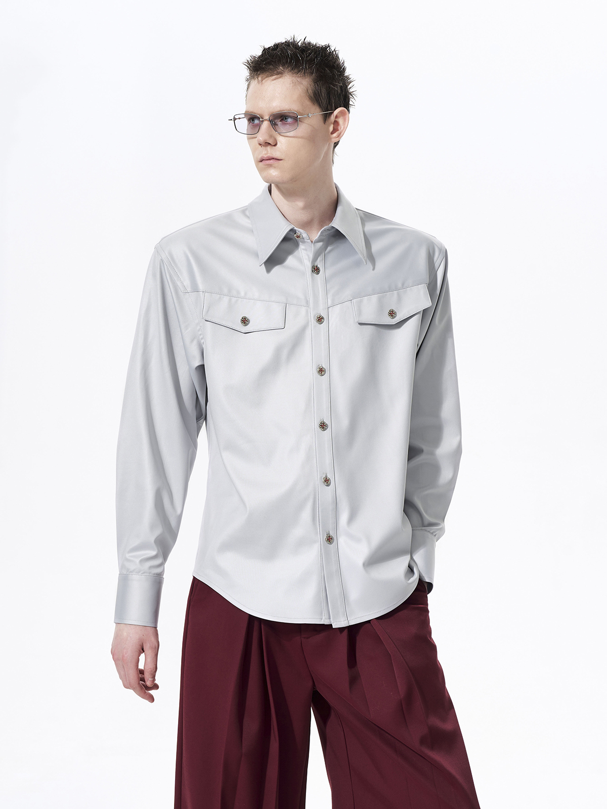 FAUX ACETATE STRUCTURED SHOULDER SHIRT-SLATE GREY