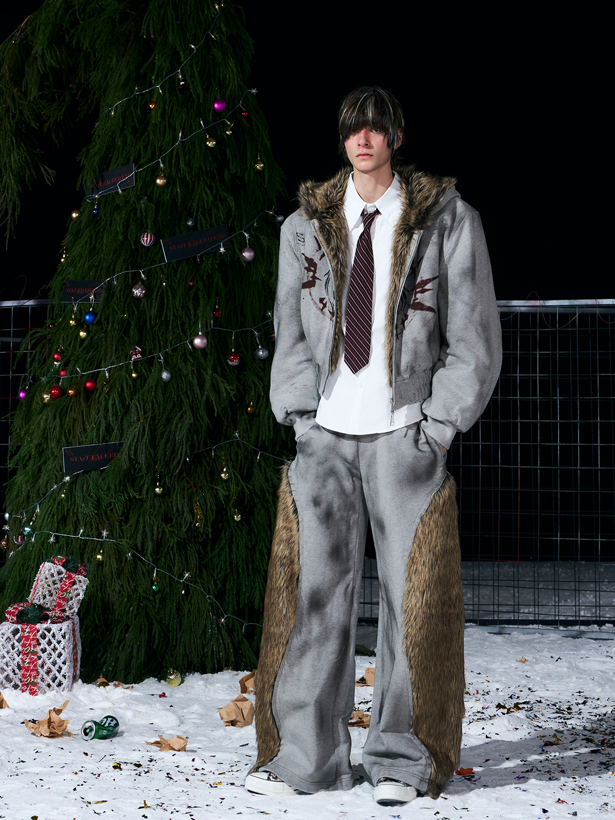 VINTAGE GREY REVERSIBLE FUR HOODIE & FUR PANEL PANTS SET