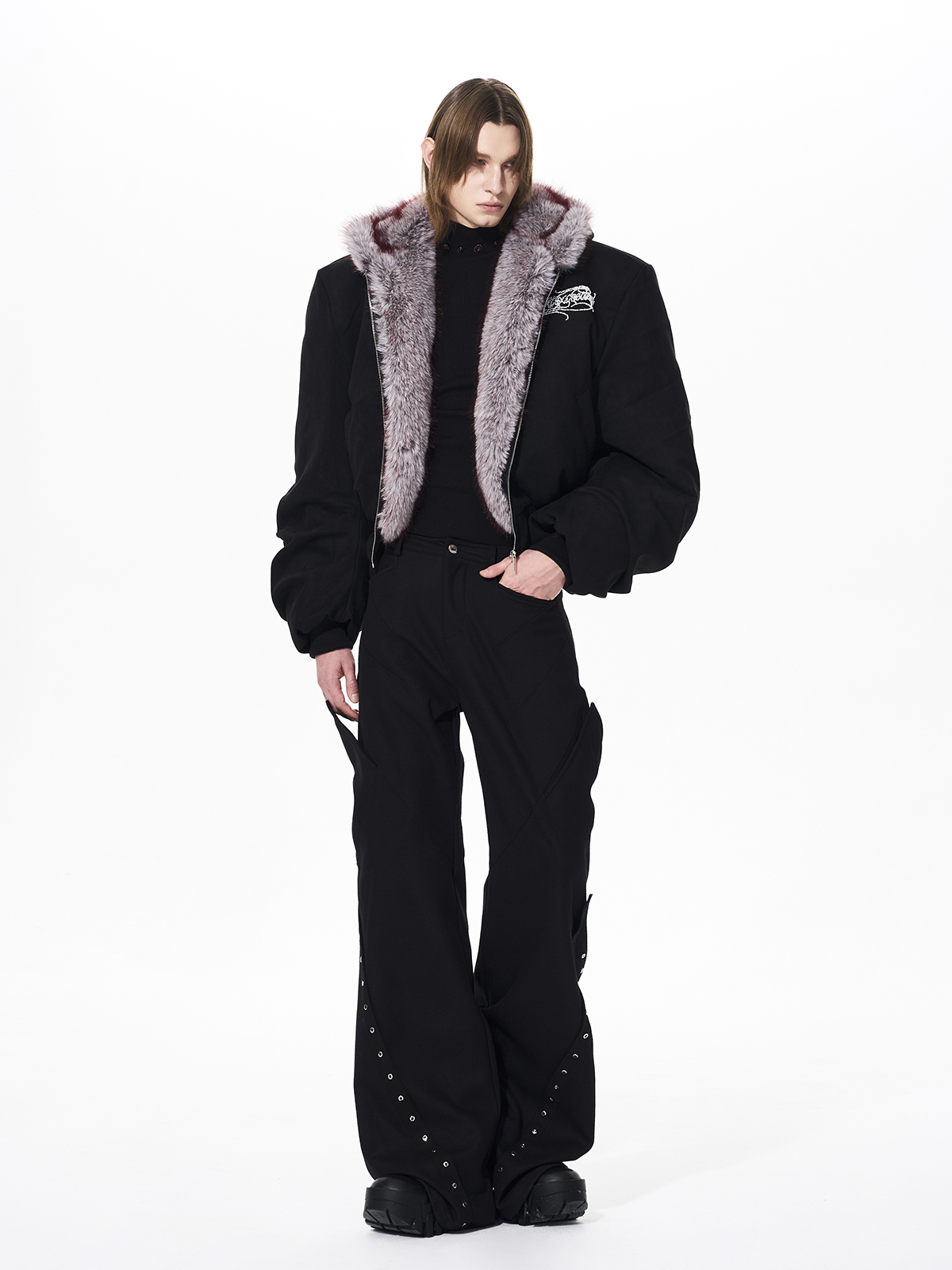 RABBIT EAR PADDED SUEDE JACKET-BLACK