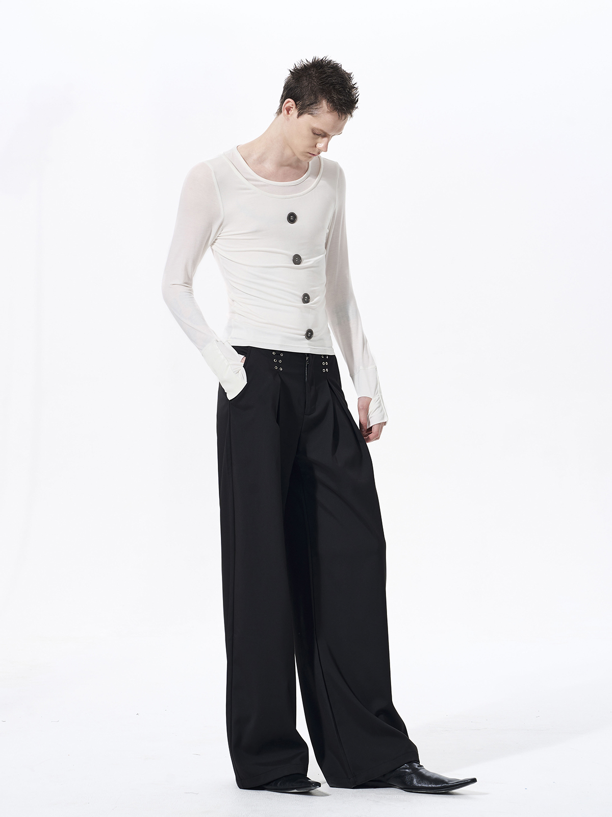 FAUX LAYERED TENCEL BUTTON LONGSLEEVE-WHITE