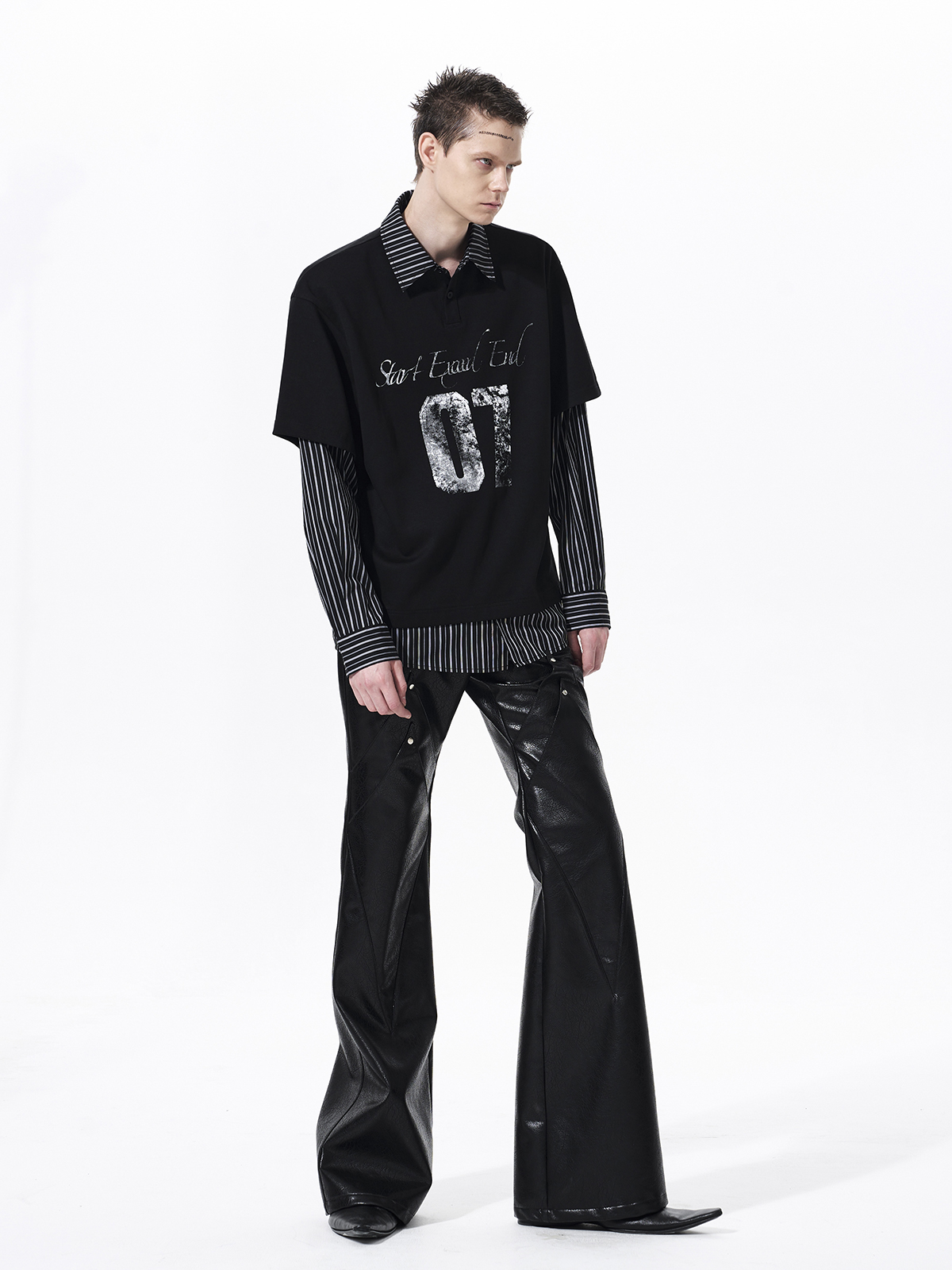 DISTRESSED GRAPHIC LAYERED POLO SHIRT-BLACK