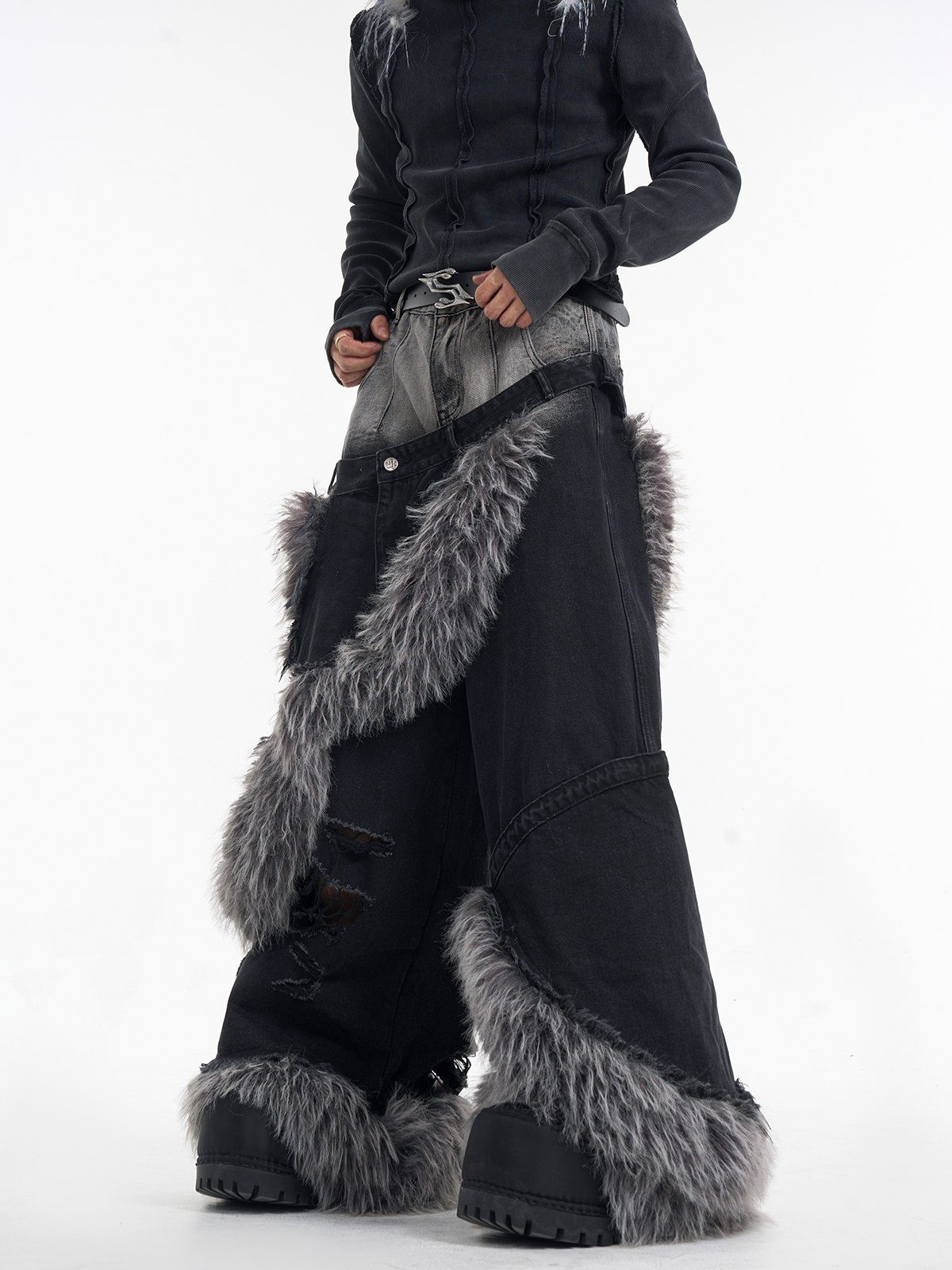 DOUBLE WAIST FUR SPIRAL WIDE LEG JEANS-START EXCEED END