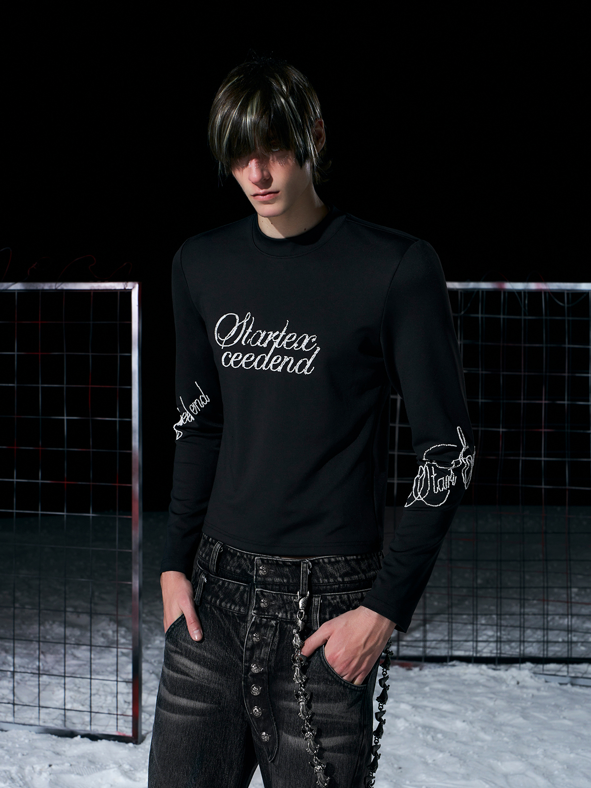 BLACK RHINESTONE SCRIPT MOCK NECK LONG SLEEVE