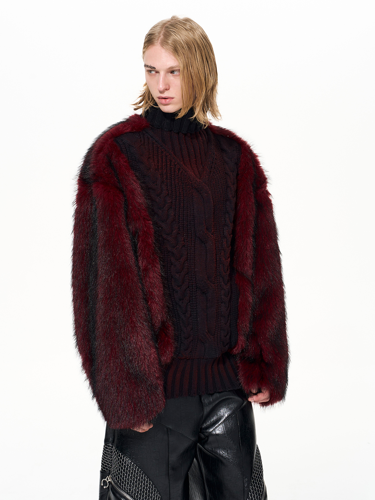 OMBRÉ CRIMSON KNIT & BURGUNDY FUR HYBRID PULLOVER-START EXCEED END