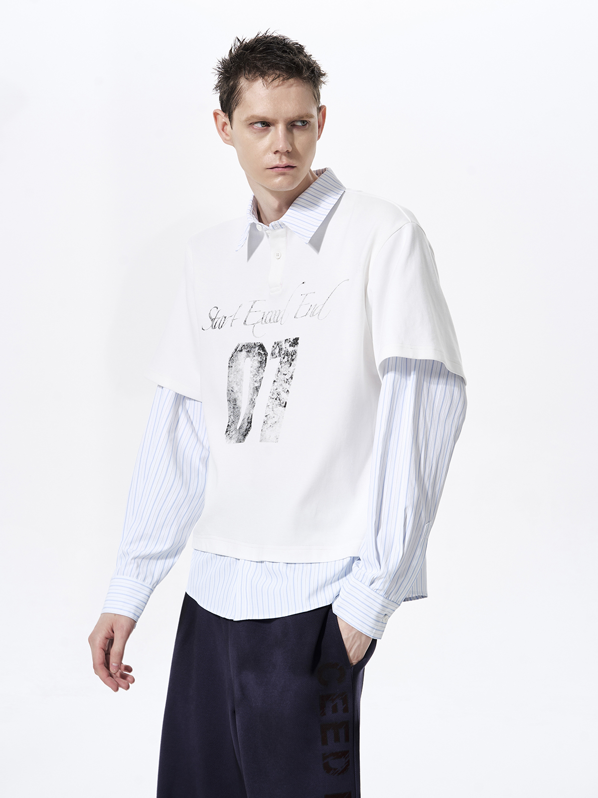 DISTRESSED GRAPHIC LAYERED POLO SHIRT-WHITE