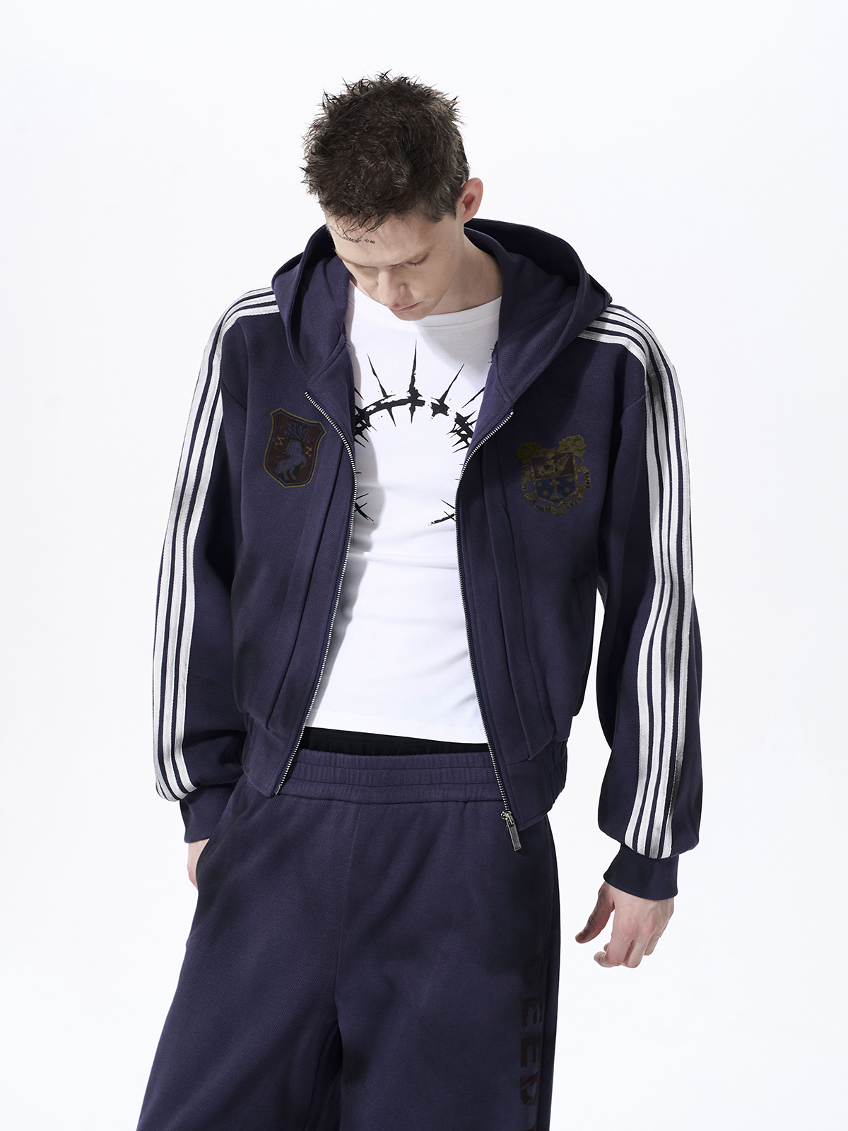 DISTRESSED MOTO BADGE 4-STRIPE TRACKSUIT SET-DEEP PURPLE