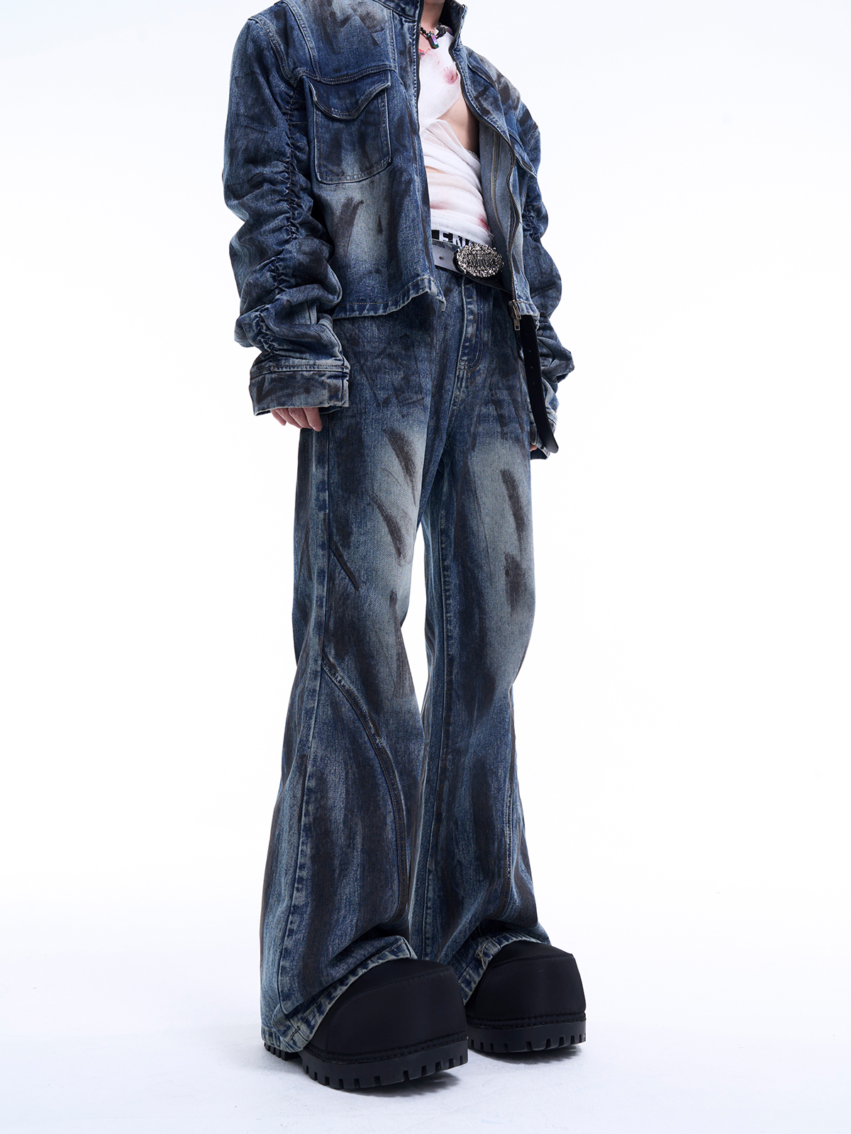 MUD WASH RUCHED DENIM JACKET & FLARED JEANS SET-START EXCEED END