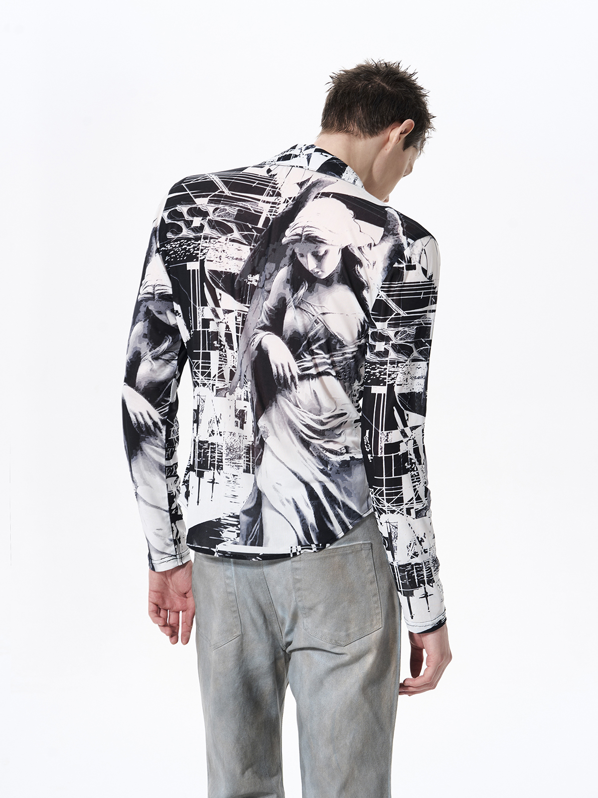 CLASSICAL FIGURE PRINT SHEER MESH SHIRT