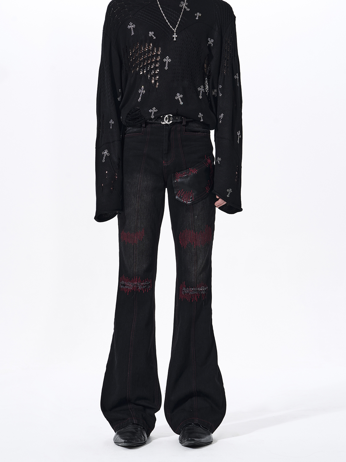 DISTRESSED SOUNDWAVE LEATHER PATCHWORK FLARED JEANS