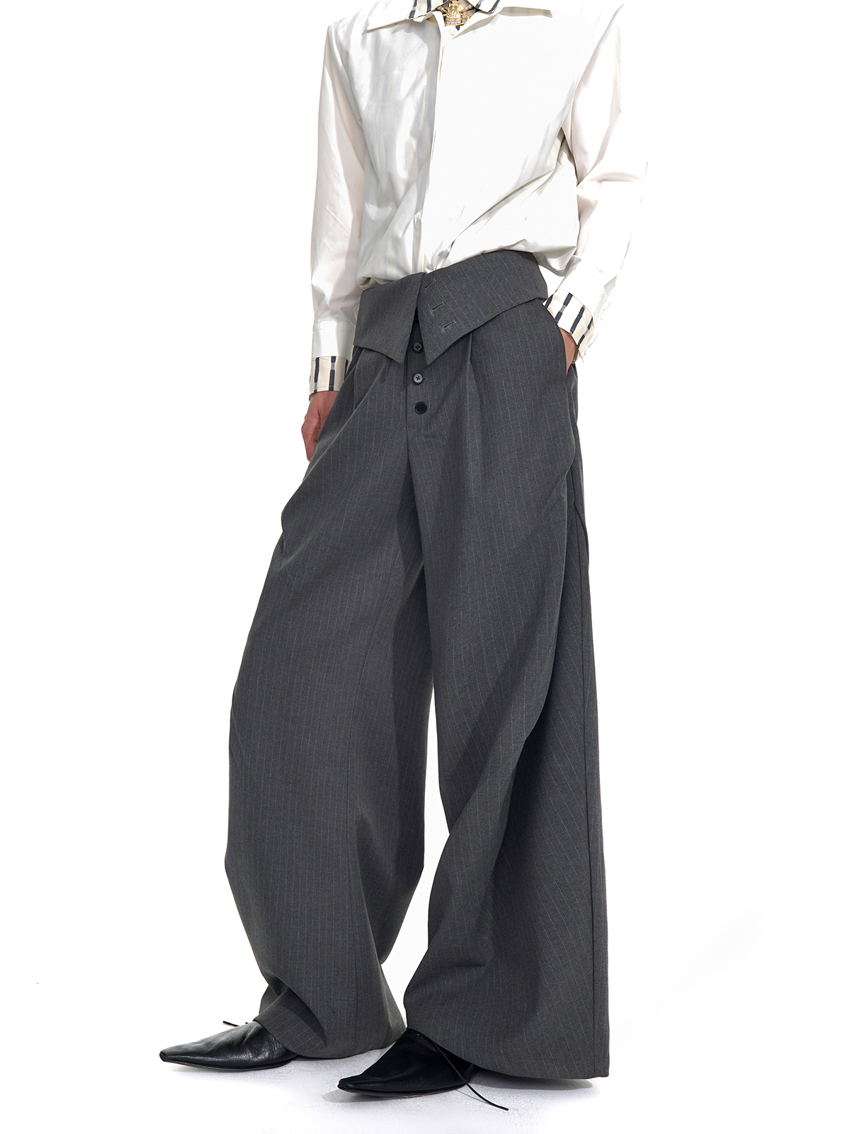 FOLD-OVER WAIST PINSTRIPE WIDE-LEG TROUSERS-GREY