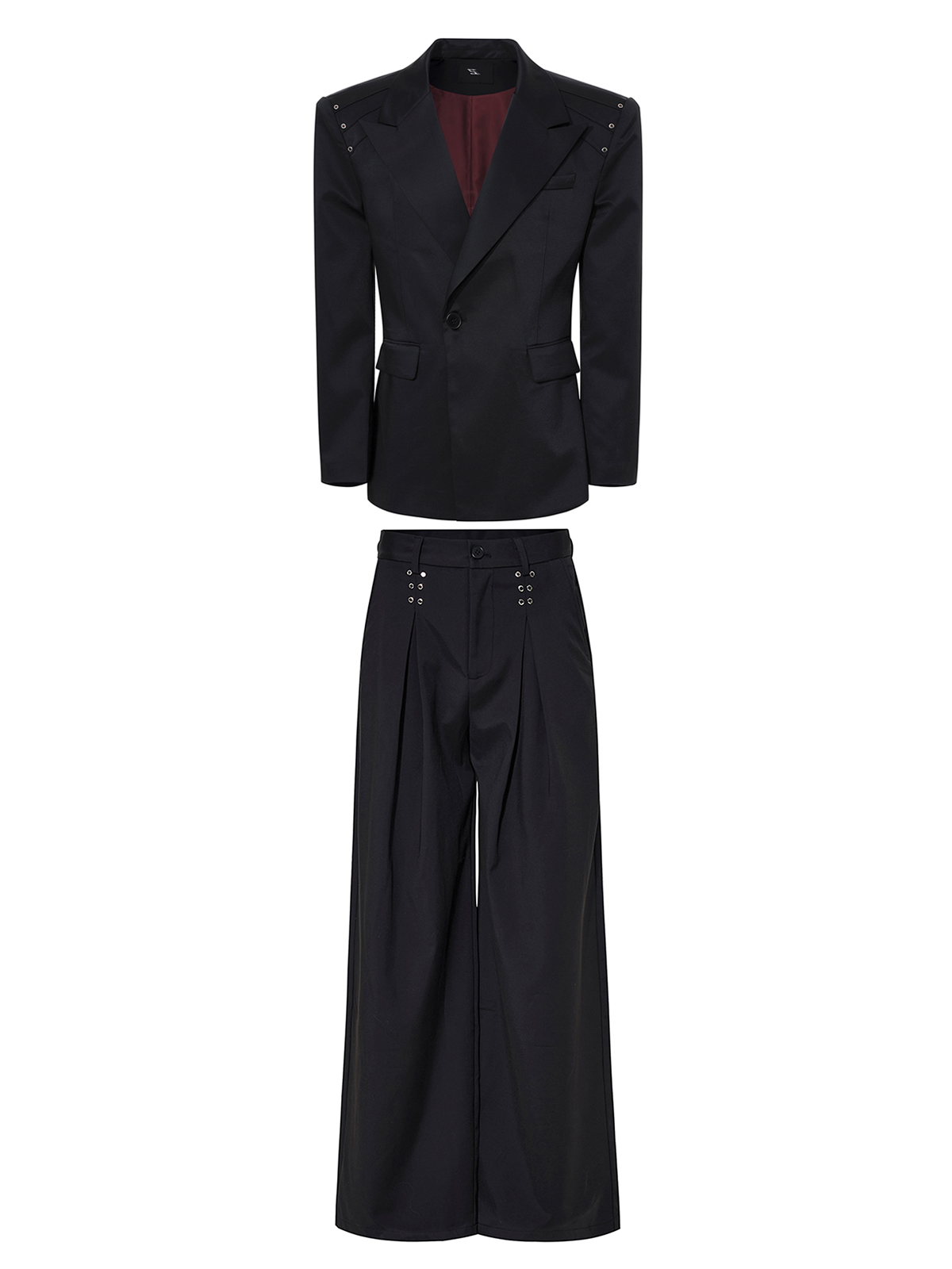 STRUCTURED CINCHED WAIST STUDDED SUIT SET-BLACK
