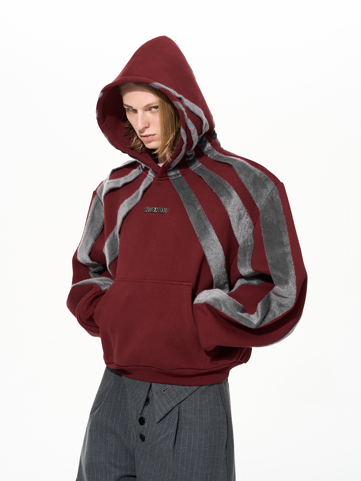 OXBLOOD WEB FUR CROPPED HOODIE