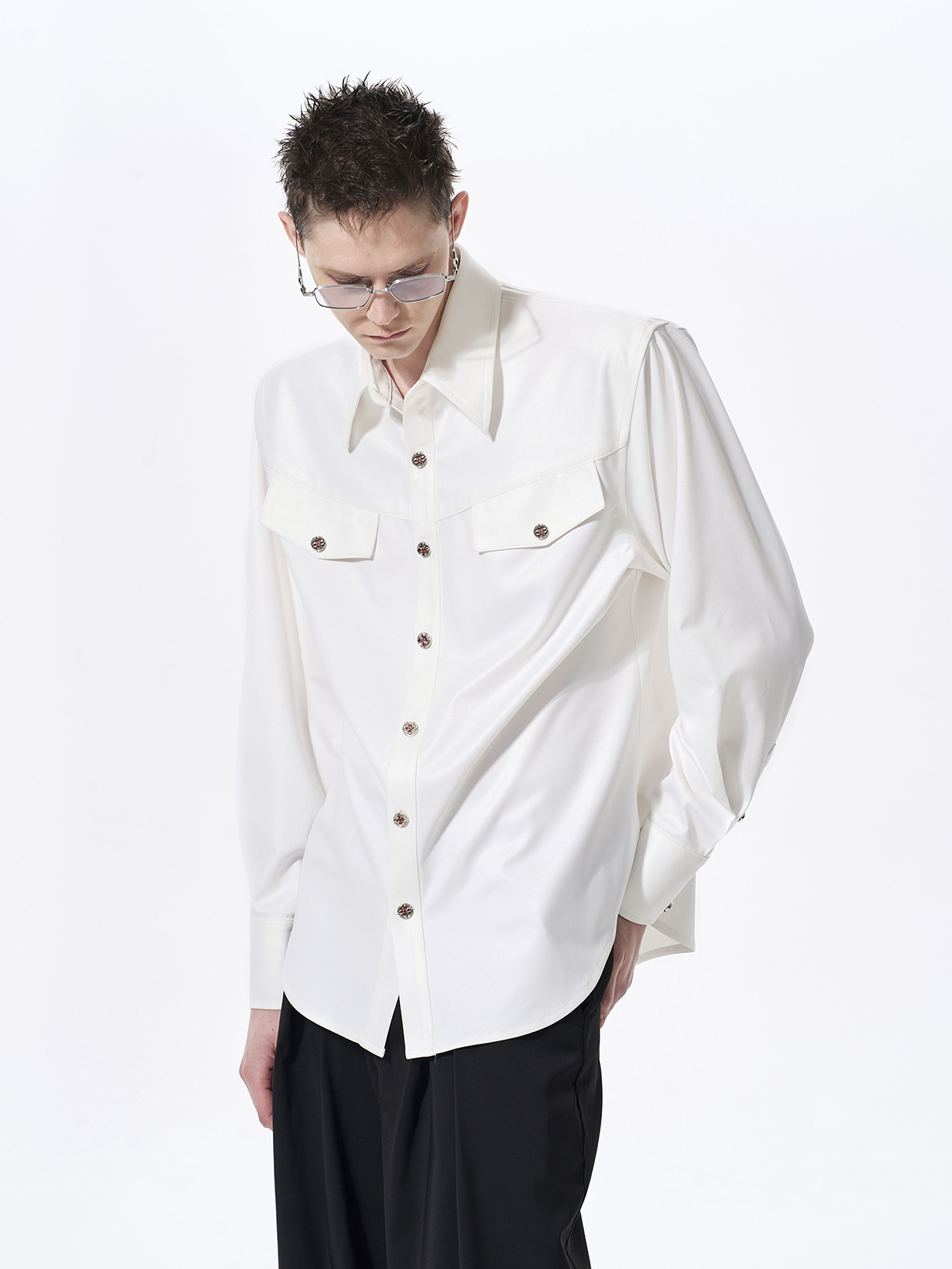 FAUX ACETATE STRUCTURED SHOULDER SHIRT-WHITE