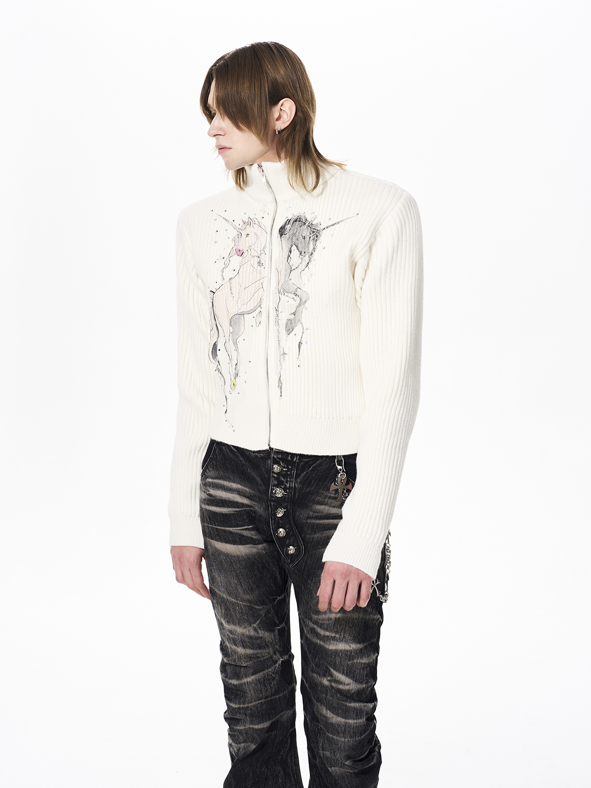 UNICORN GRAPHIC RIBBED ZIP-UP KNIT-WHITE