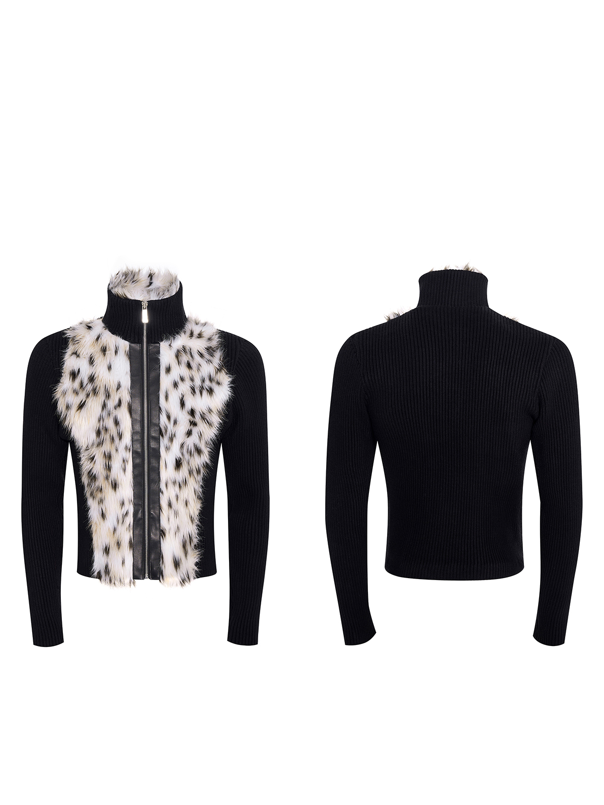 BLACK LEOPARD FUR KNIT ZIP-UP