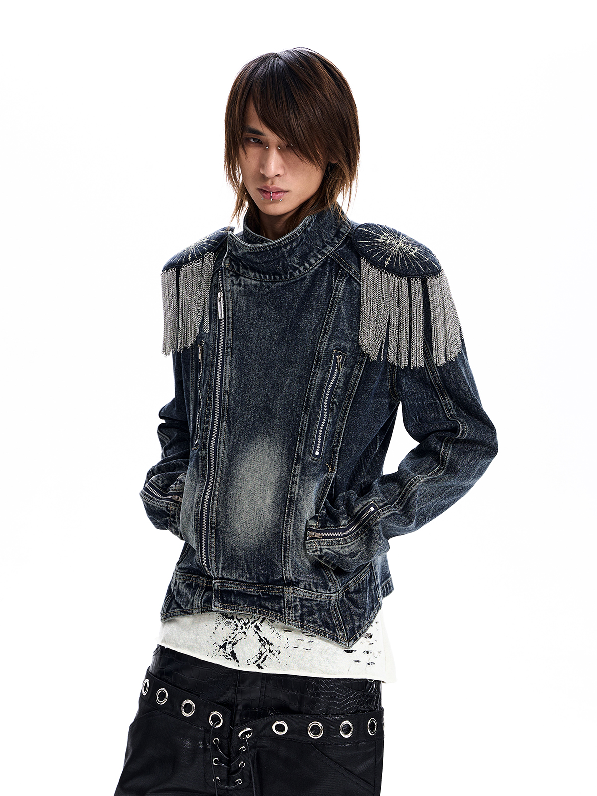 CHAIN FRINGE CROPPED DENIM JACKET