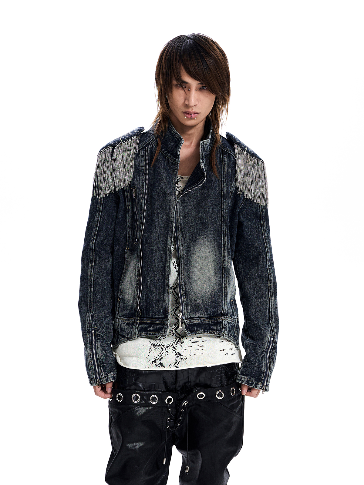 CHAIN FRINGE CROPPED DENIM JACKET