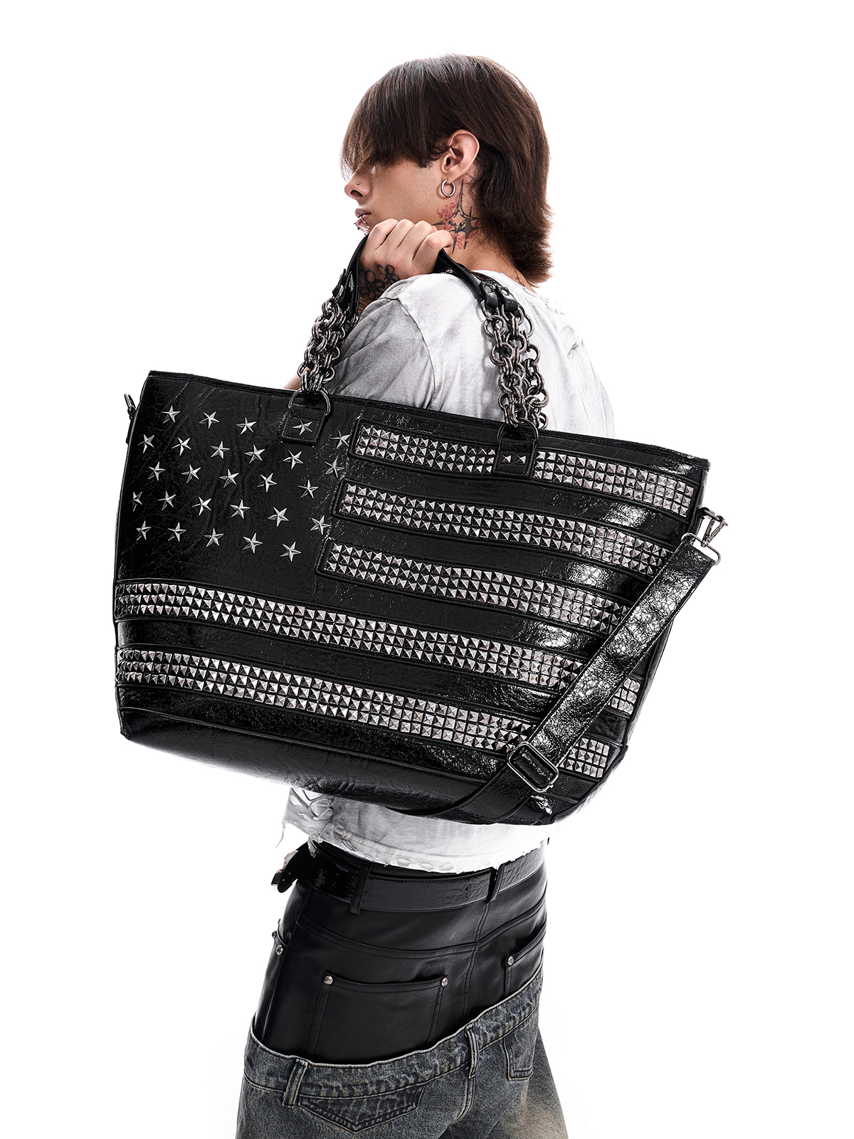 STUDDED AMERICAN FLAG TOTE BAG