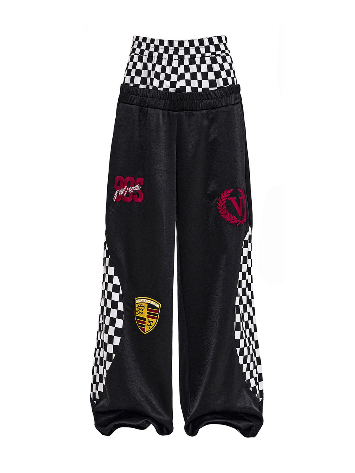 CHECKERBOARD DOUBLE WAIST TRACK PANTS-BLACK