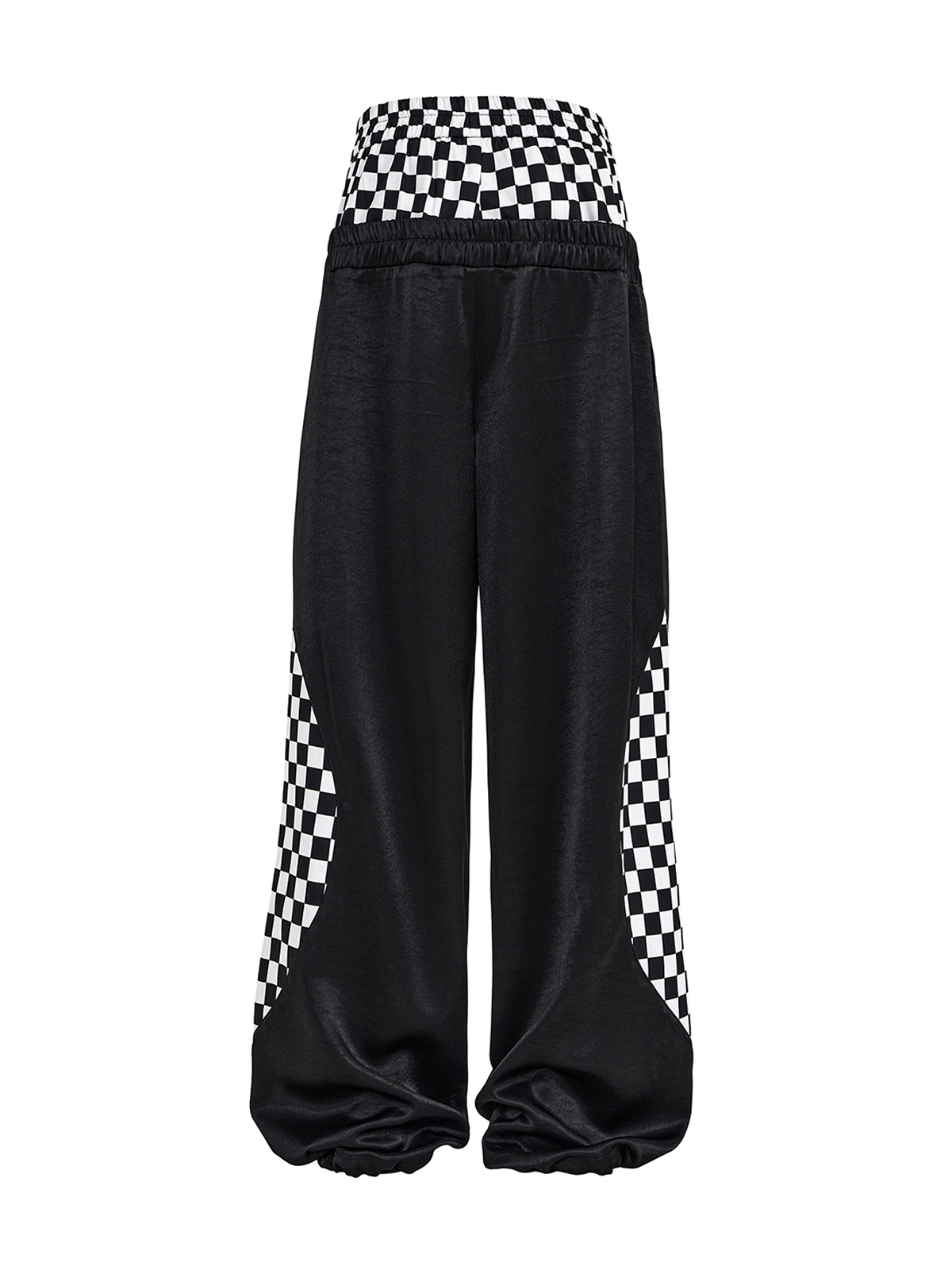 CHECKERBOARD DOUBLE WAIST TRACK PANTS-BLACK