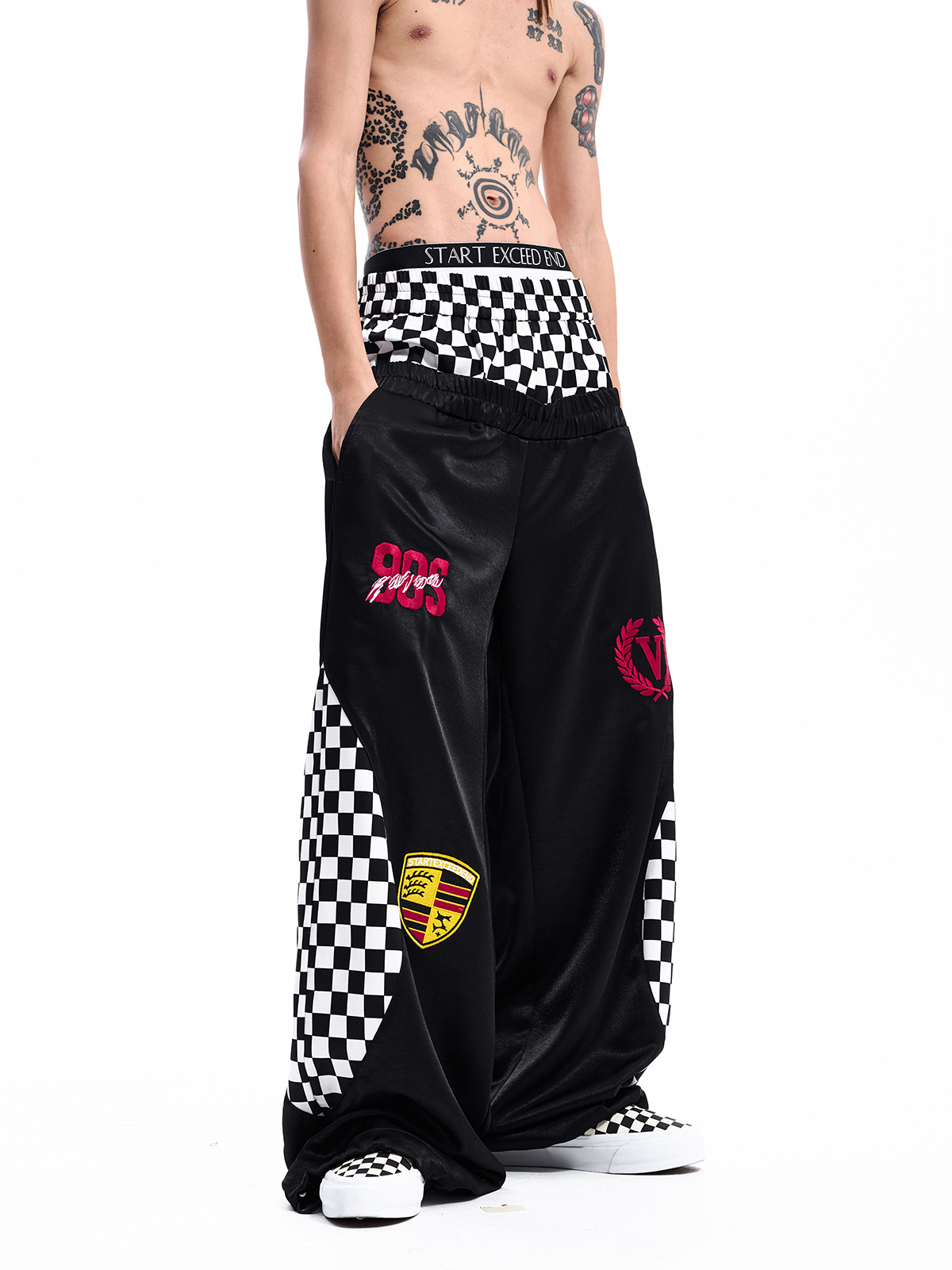 CHECKERBOARD DOUBLE WAIST TRACK PANTS-BLACK