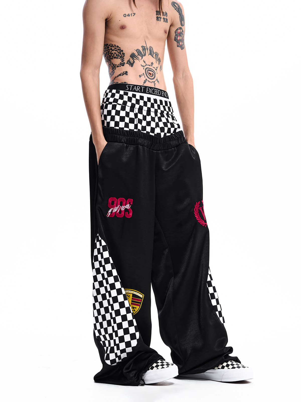 CHECKERBOARD DOUBLE WAIST TRACK PANTS-BLACK