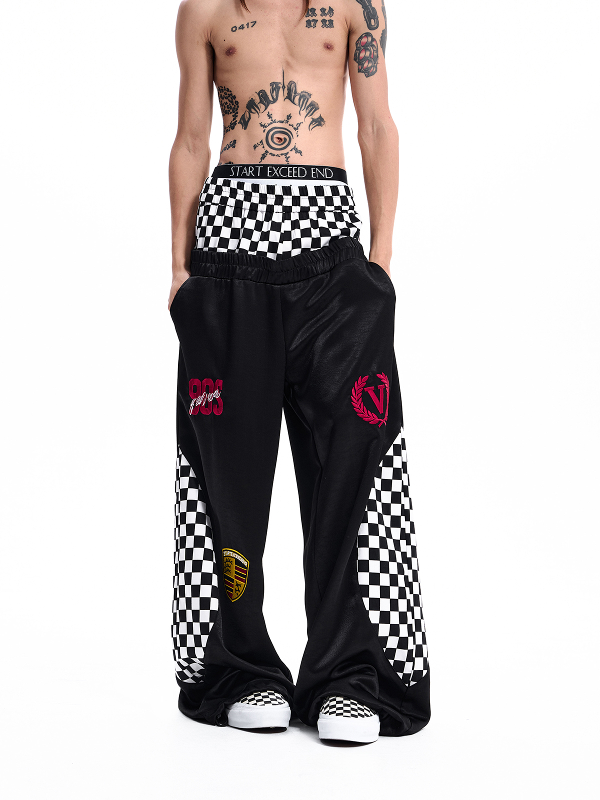 CHECKERBOARD DOUBLE WAIST TRACK PANTS-BLACK