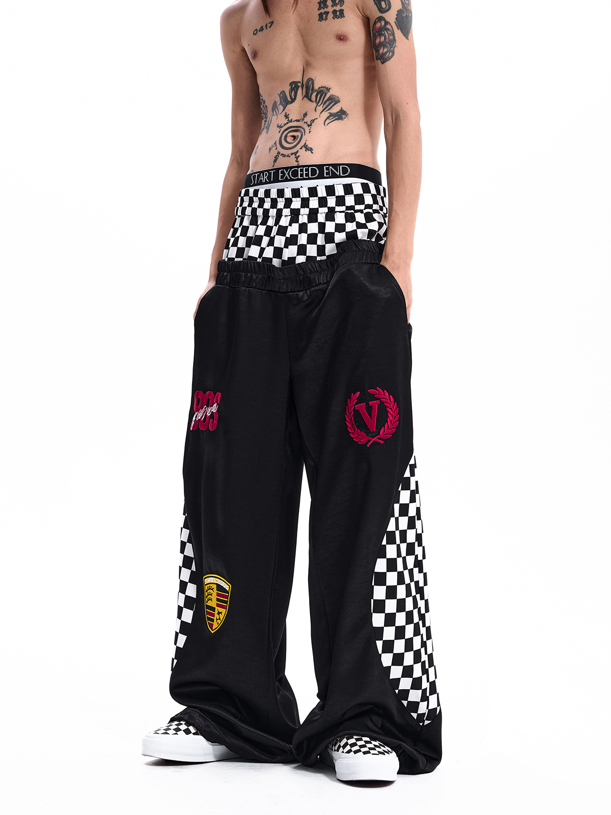 CHECKERBOARD DOUBLE WAIST TRACK PANTS-BLACK
