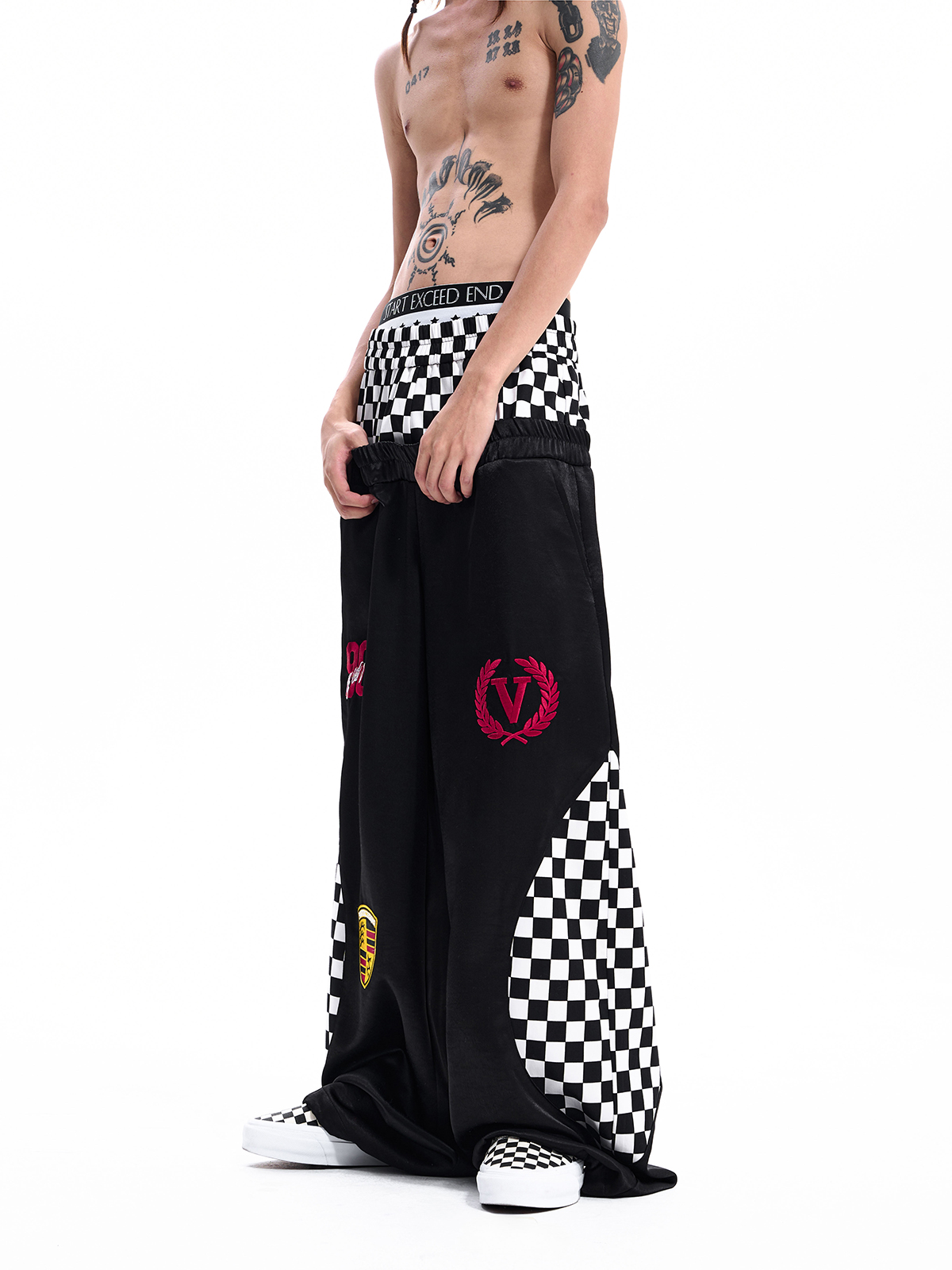 CHECKERBOARD DOUBLE WAIST TRACK PANTS-BLACK