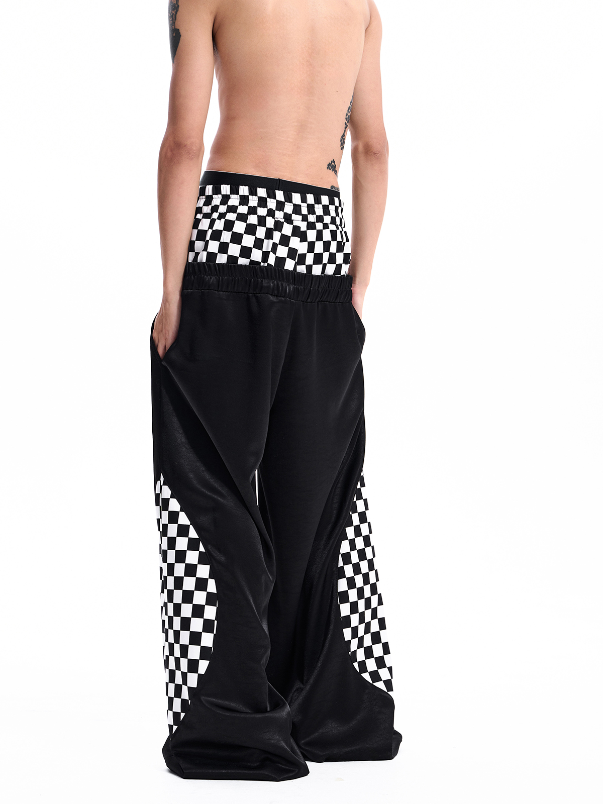 CHECKERBOARD DOUBLE WAIST TRACK PANTS-BLACK