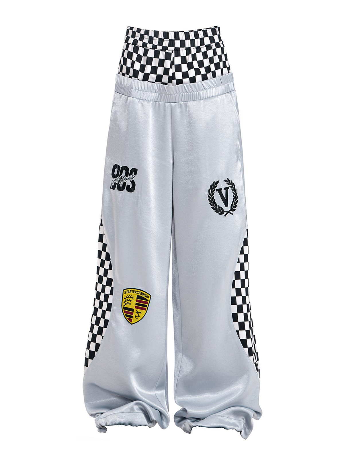 CHECKERBOARD DOUBLE WAIST TRACK PANTS-WHITE