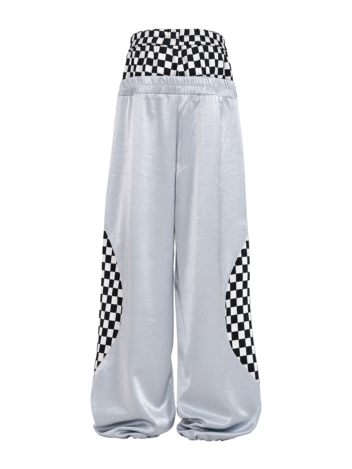 CHECKERBOARD DOUBLE WAIST TRACK PANTS-WHITE