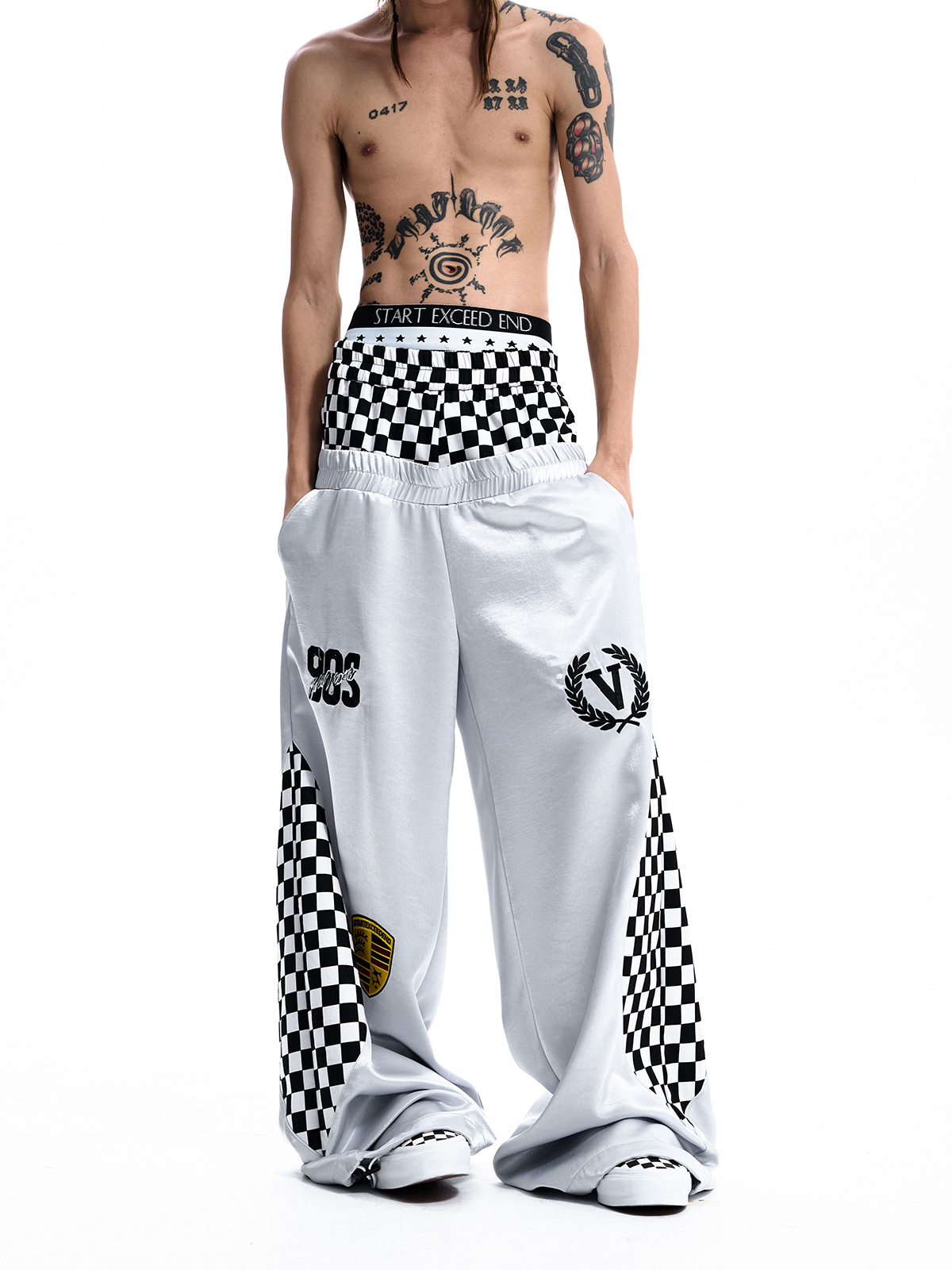 CHECKERBOARD DOUBLE WAIST TRACK PANTS-WHITE