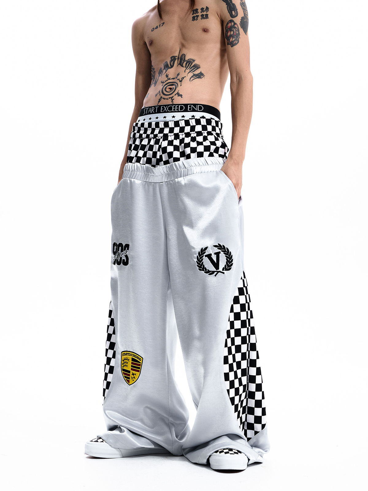 CHECKERBOARD DOUBLE WAIST TRACK PANTS-WHITE