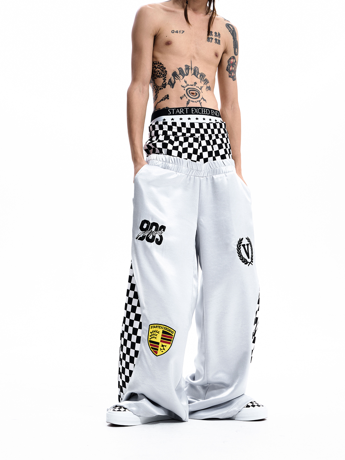 CHECKERBOARD DOUBLE WAIST TRACK PANTS-WHITE