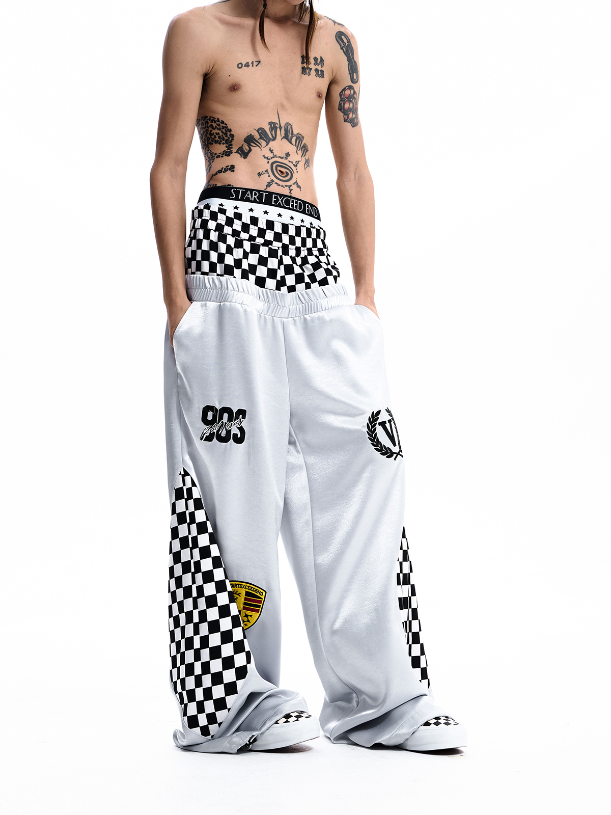 CHECKERBOARD DOUBLE WAIST TRACK PANTS-WHITE