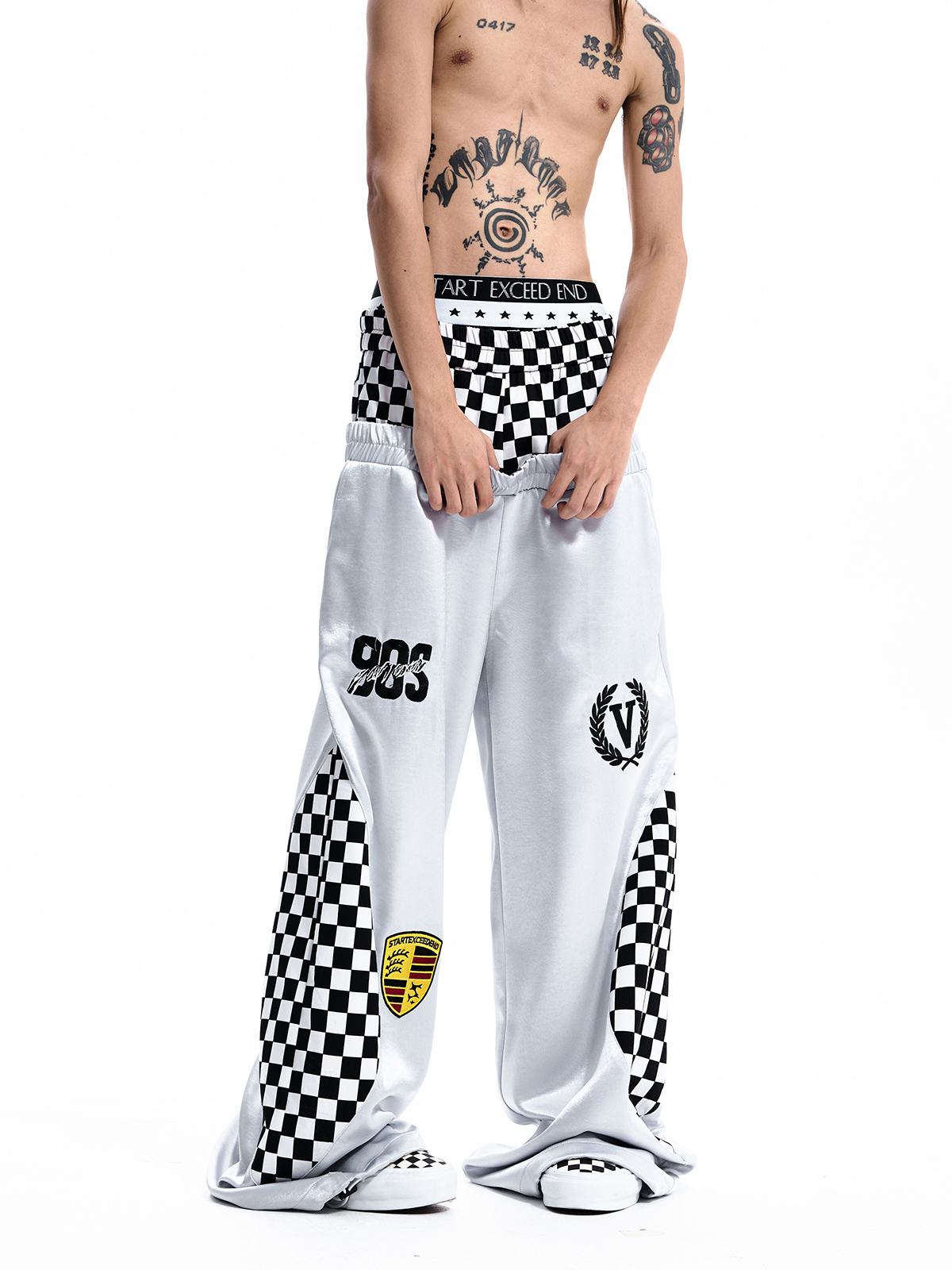CHECKERBOARD DOUBLE WAIST TRACK PANTS-WHITE