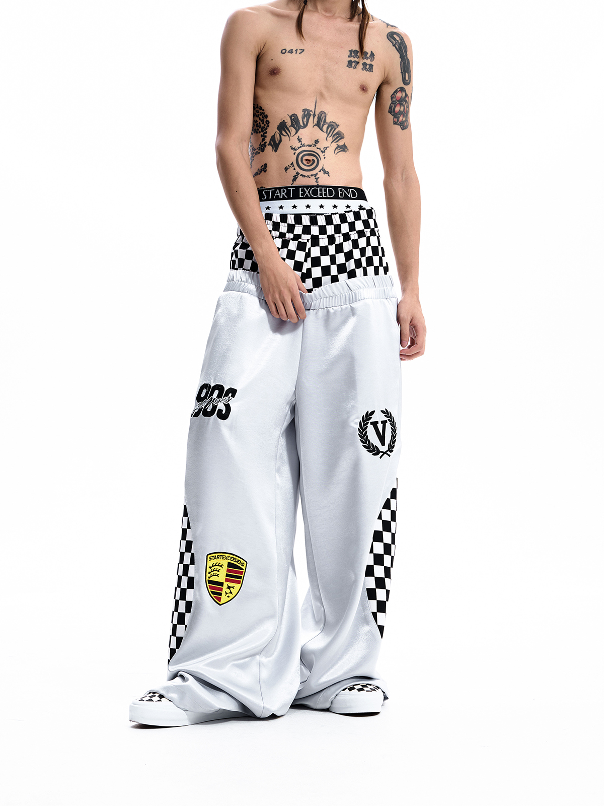CHECKERBOARD DOUBLE WAIST TRACK PANTS-WHITE