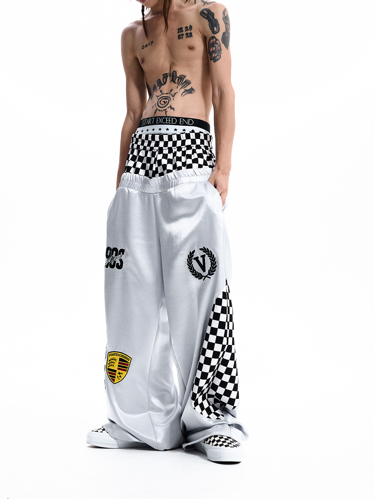 CHECKERBOARD DOUBLE WAIST TRACK PANTS-WHITE