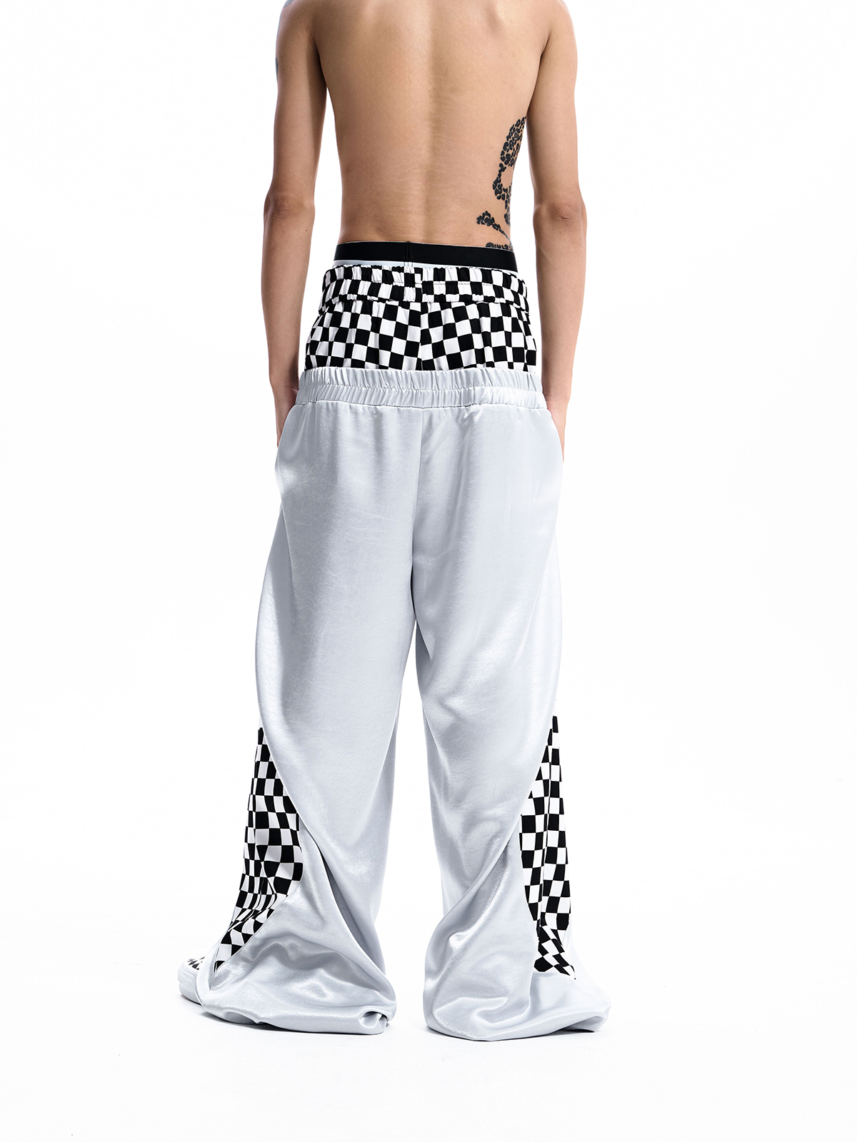 CHECKERBOARD DOUBLE WAIST TRACK PANTS-WHITE