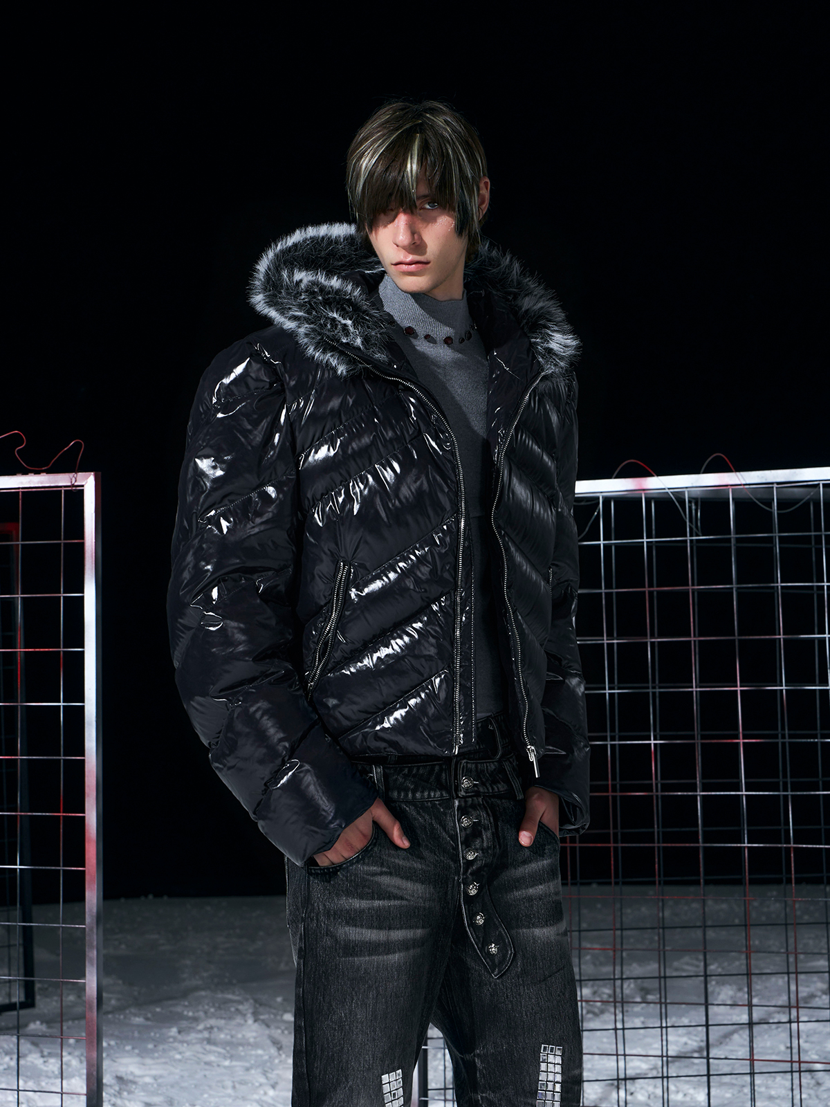 GLOSSY BLACK CHEVRON PUFFER WITH FAUX FUR HOOD