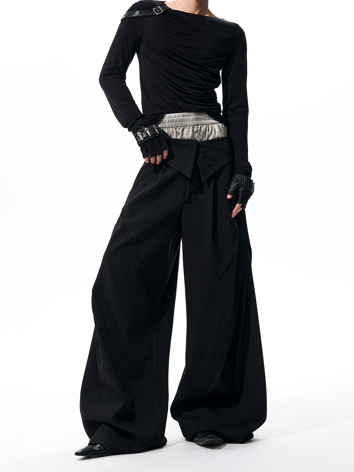 FOLD-OVER WAIST PINSTRIPE WIDE-LEG TROUSERS-BLACK