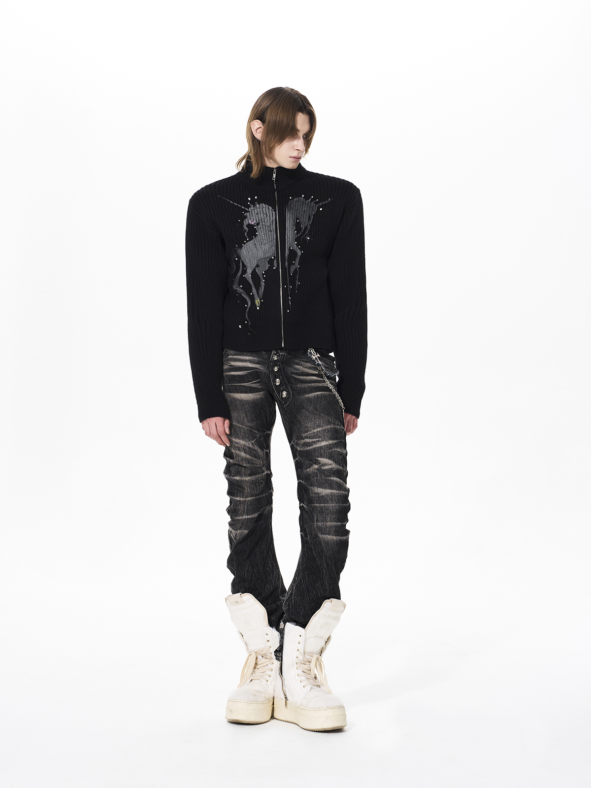 UNICORN GRAPHIC RIBBED ZIP-UP KNIT-BLACK
