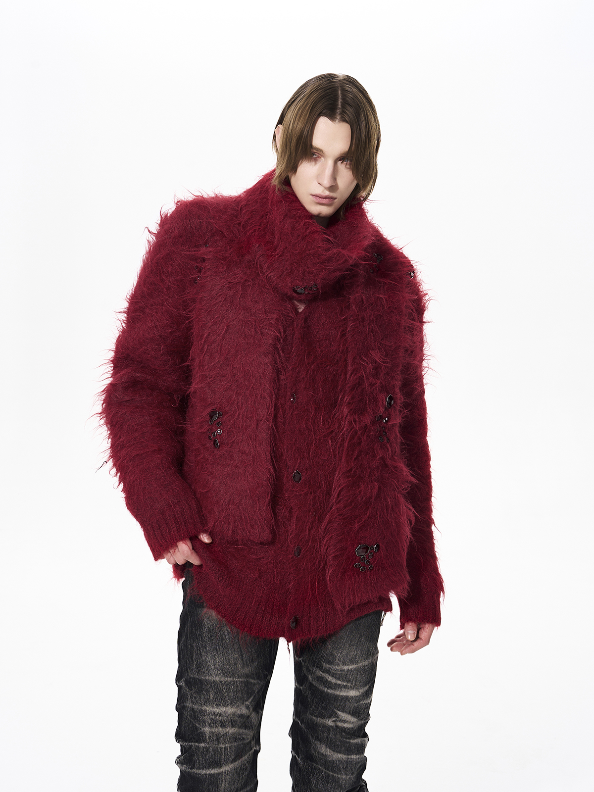 GEMSTONE SCATTERED SHAGGY MOHAIR CARDIGAN-RED
