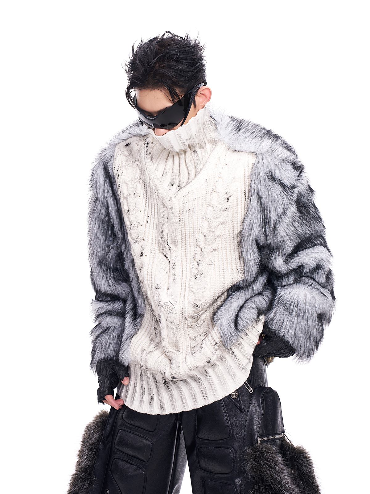 DIRTY WHITE KNIT & SILVER GREY FUR HYBRID PULLOVER-START EXCEED END