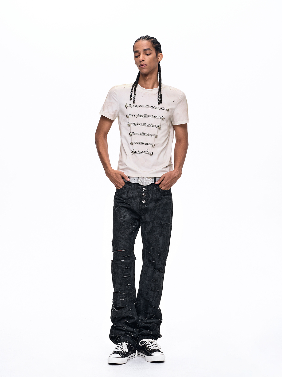 WAXED DISTRESSED 5-BUTTON SLIM STRAIGHT JEANS