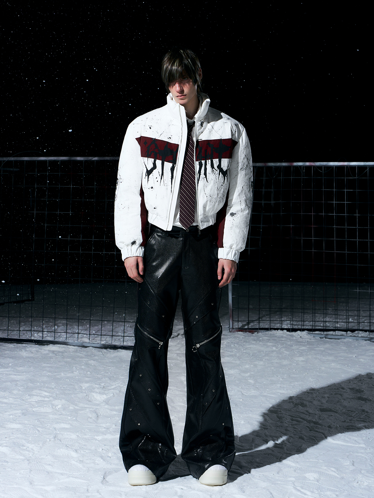 WHITE & BURGUNDY GRAFFITI SPLATTER BOMBER WITH KNIGHT PRINT