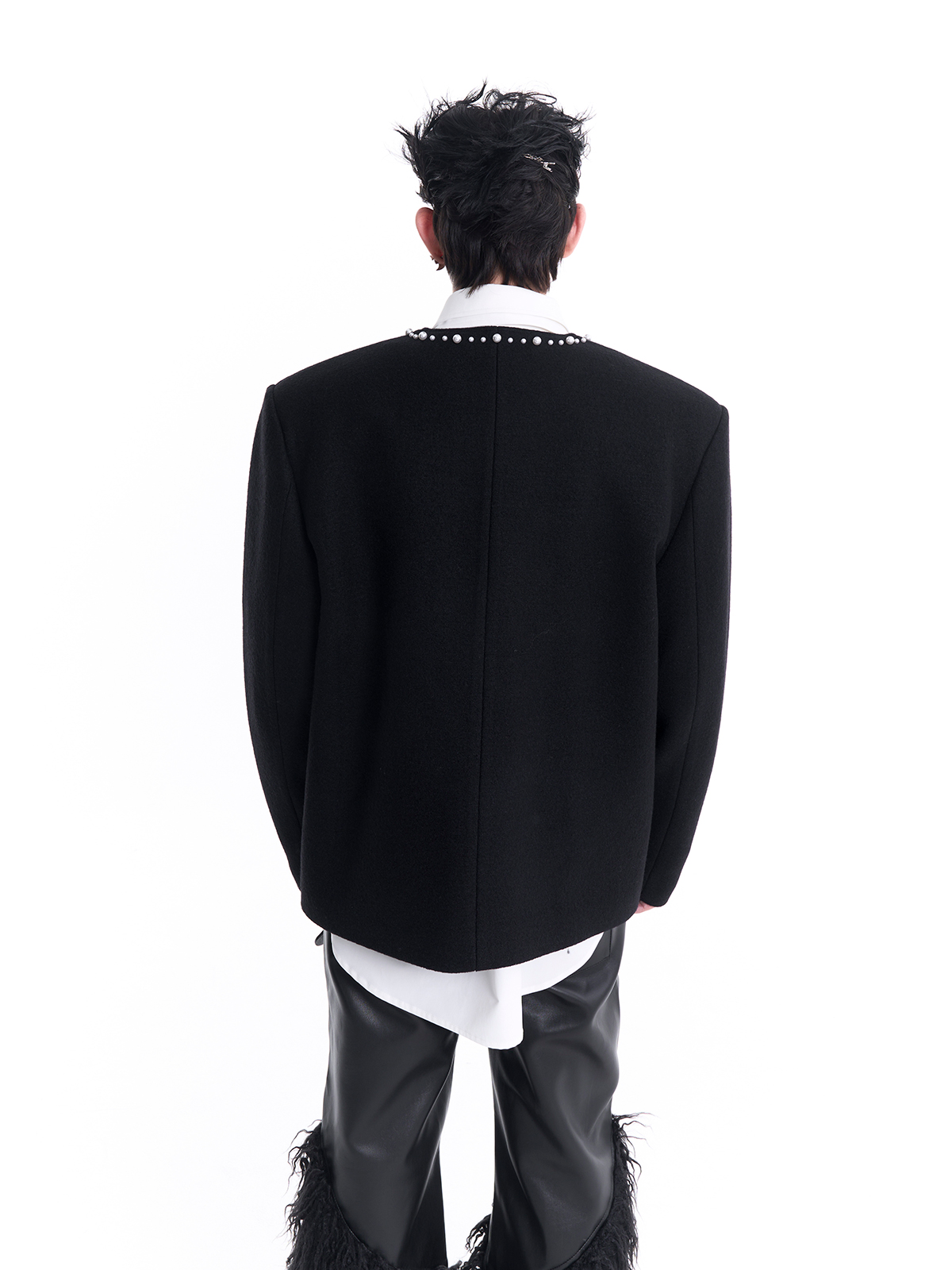 PEARL-TRIMMED COLLARLESS WOOL JACKET-START EXCEED END
